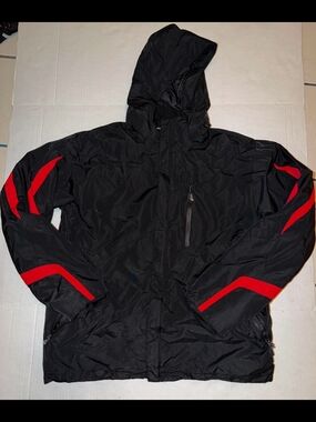 Polar Edge Silver Series Men's Black Hooded Raincoat with Red Sleeve Detailing